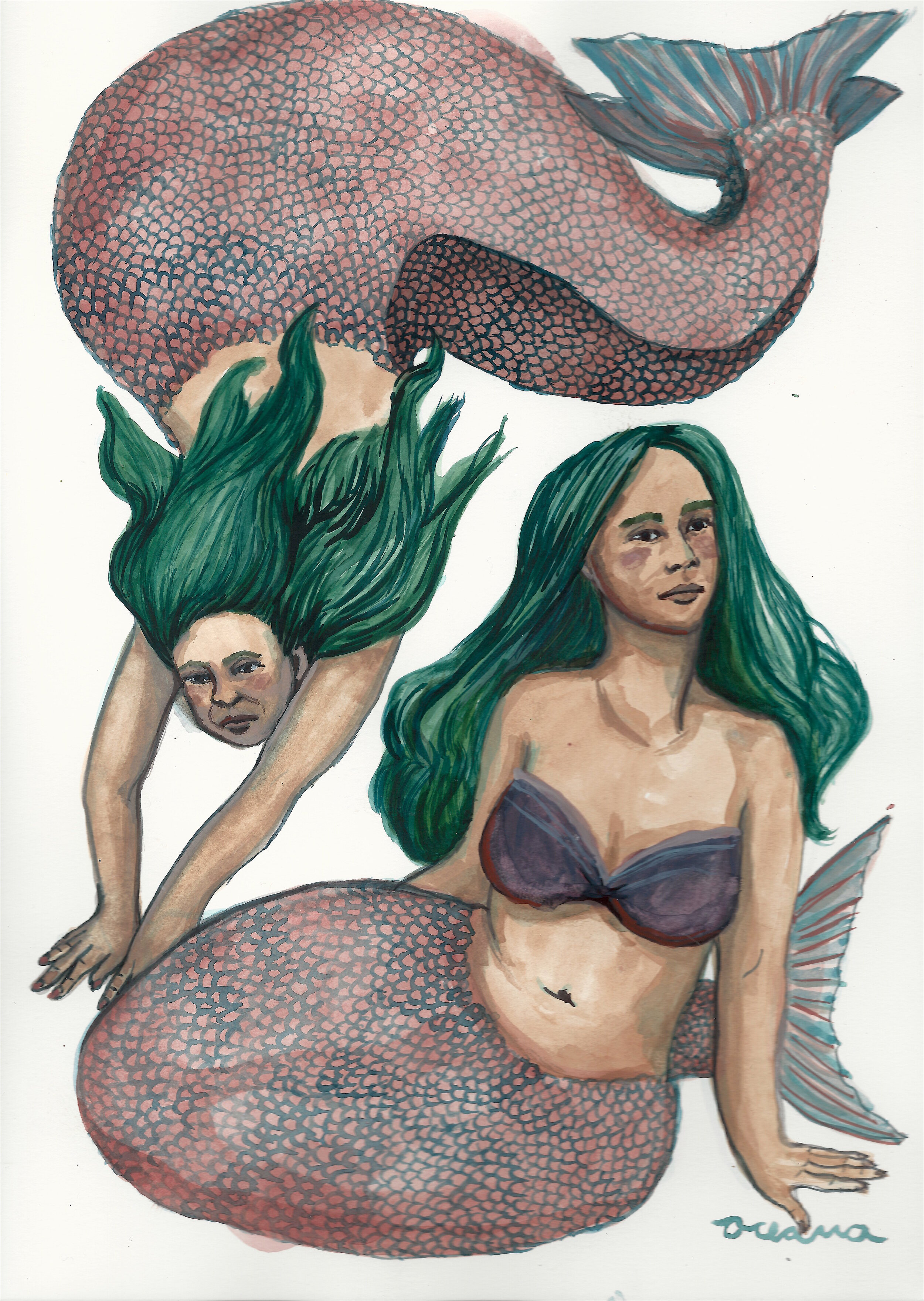 Pink Mers: Gouache on paper, 9x12, Sold
