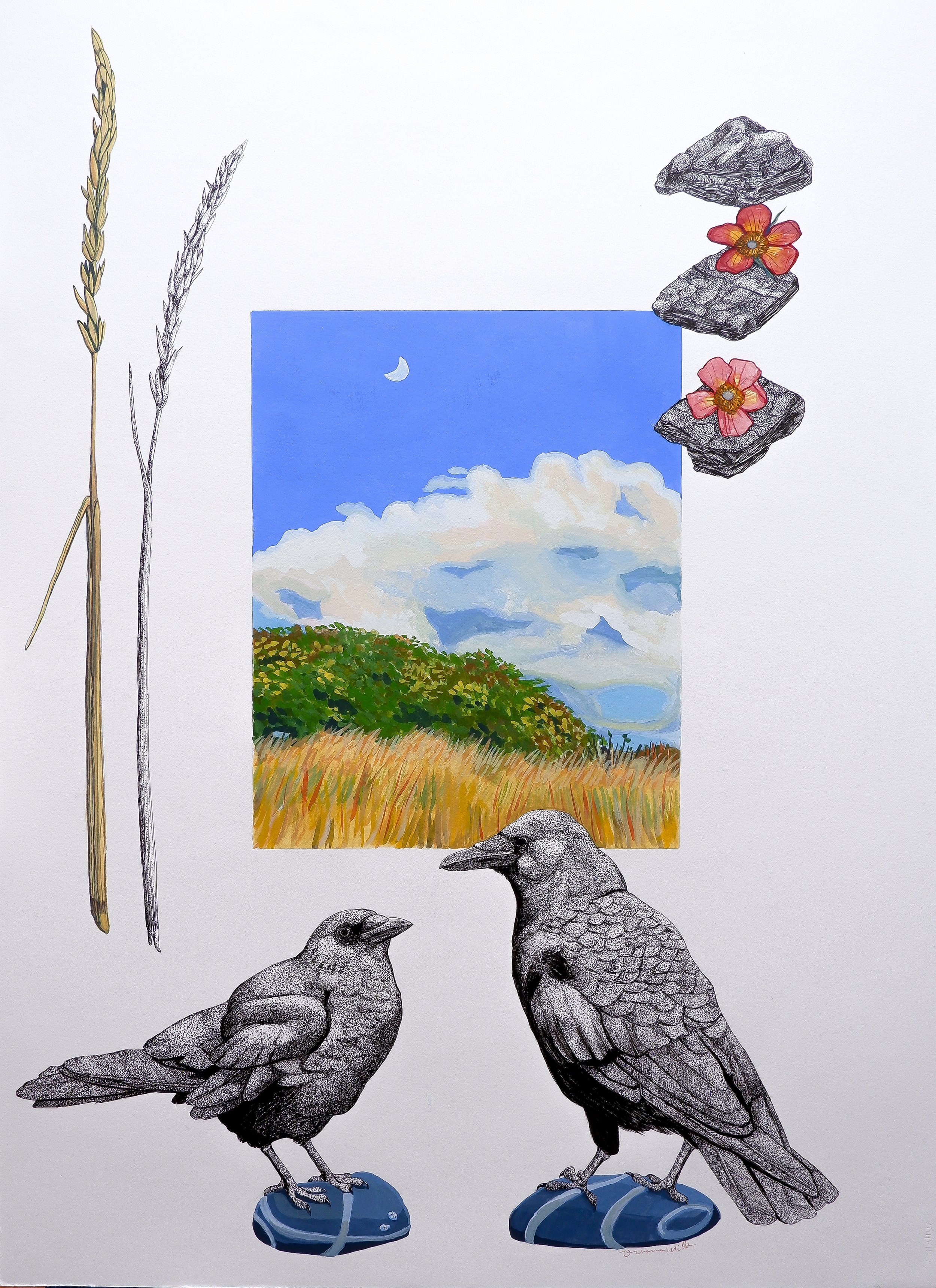 Crow Conversation, 22x30, gouache and pen on paper mounted to wood panel
