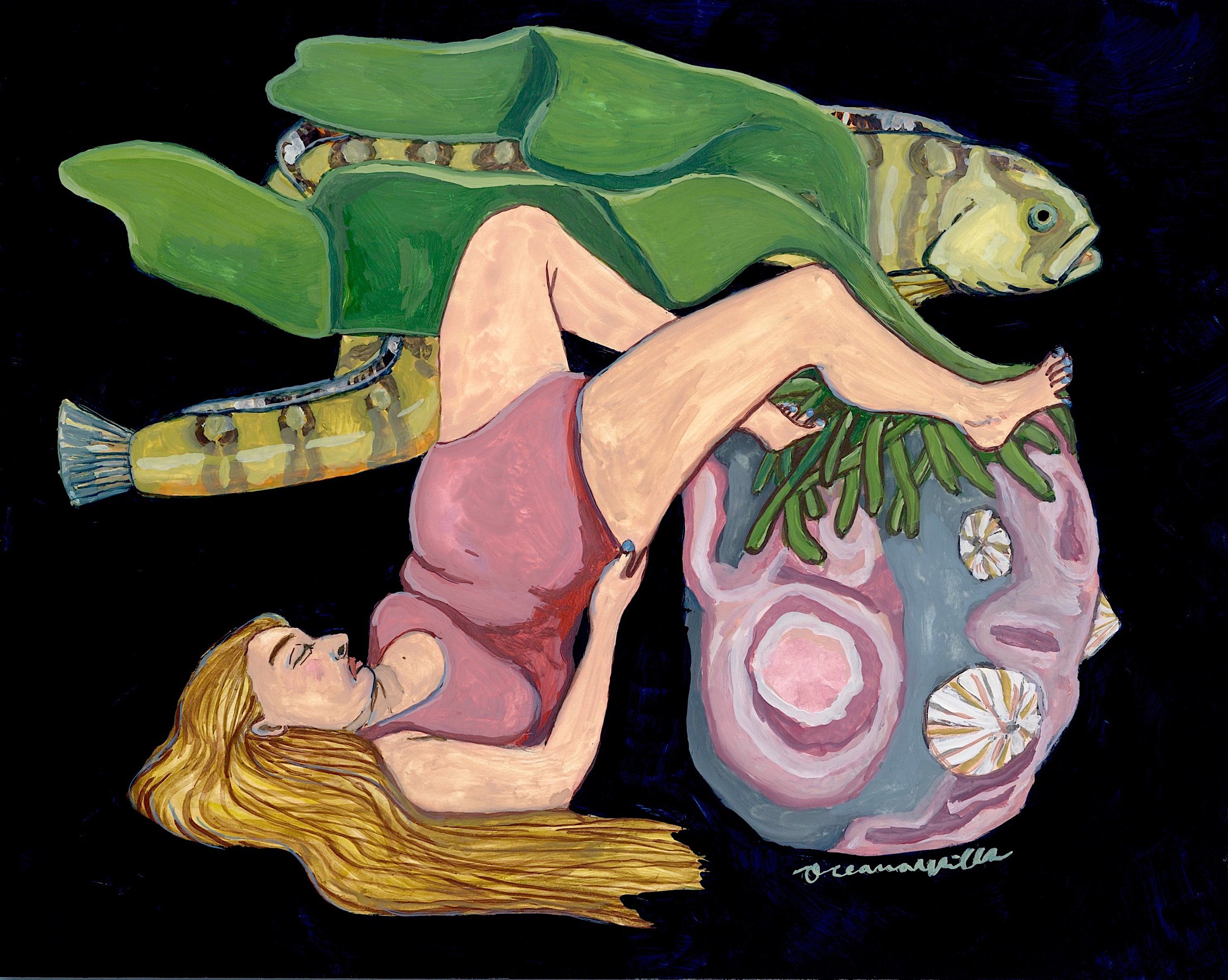 Tide Pool Pilates with Gunnel Fish, 10x8, Gouache on claybord panel