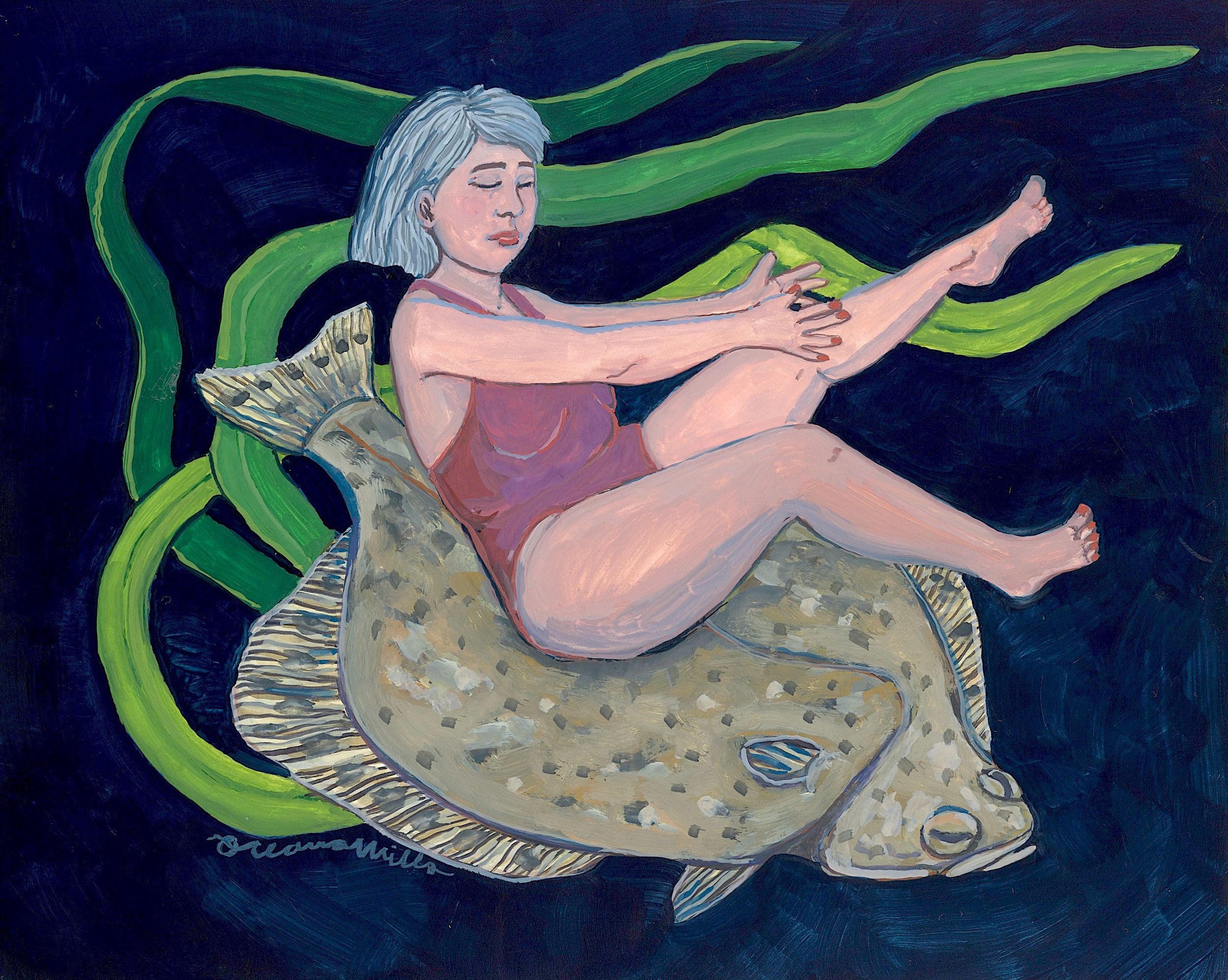 Tide Pool Pilates with Juvenile Halibut, 10x8, Gouache on claybord panel