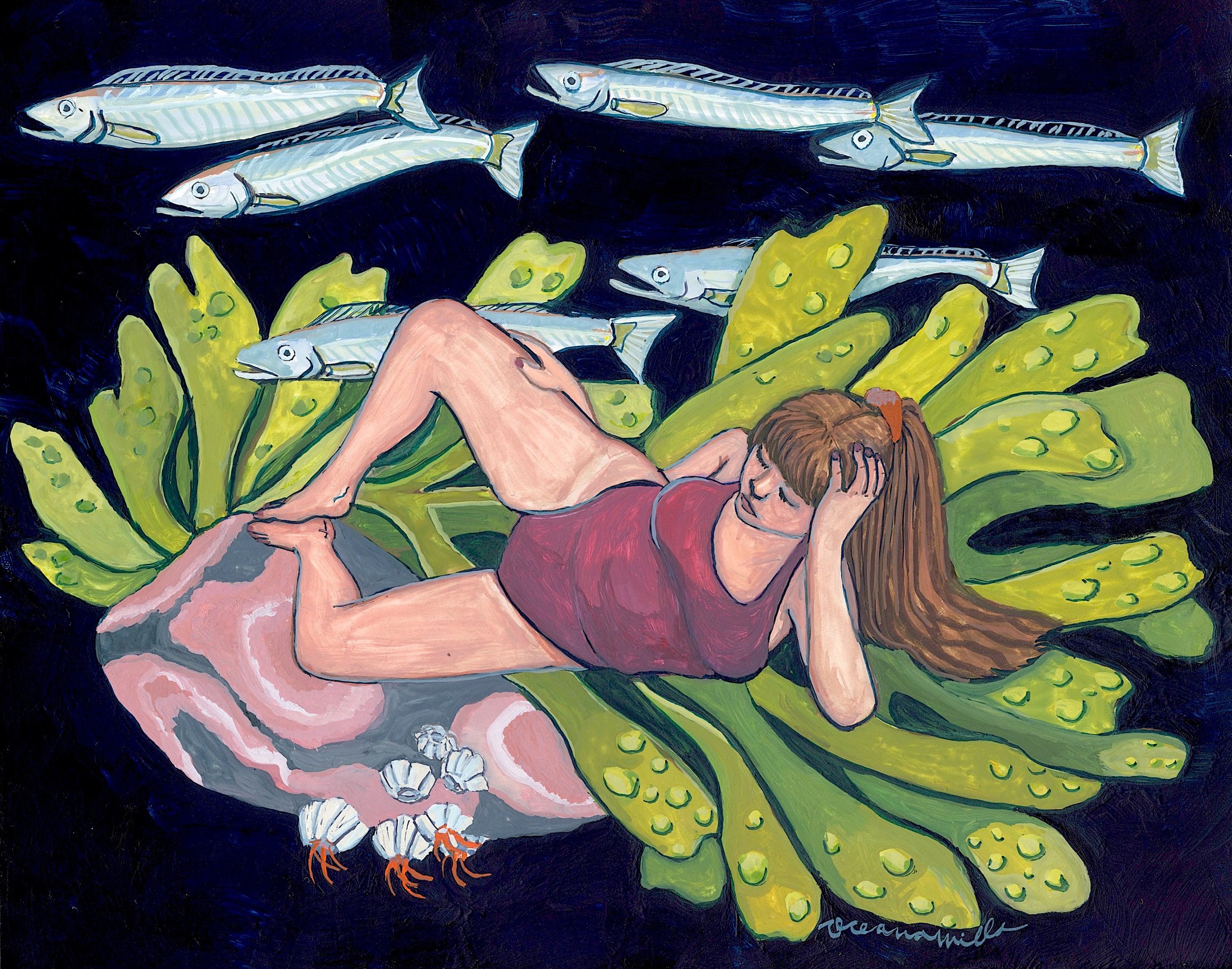 Tide Pool Pilates with Sand Lances, 10x8, Gouache on claybord panel