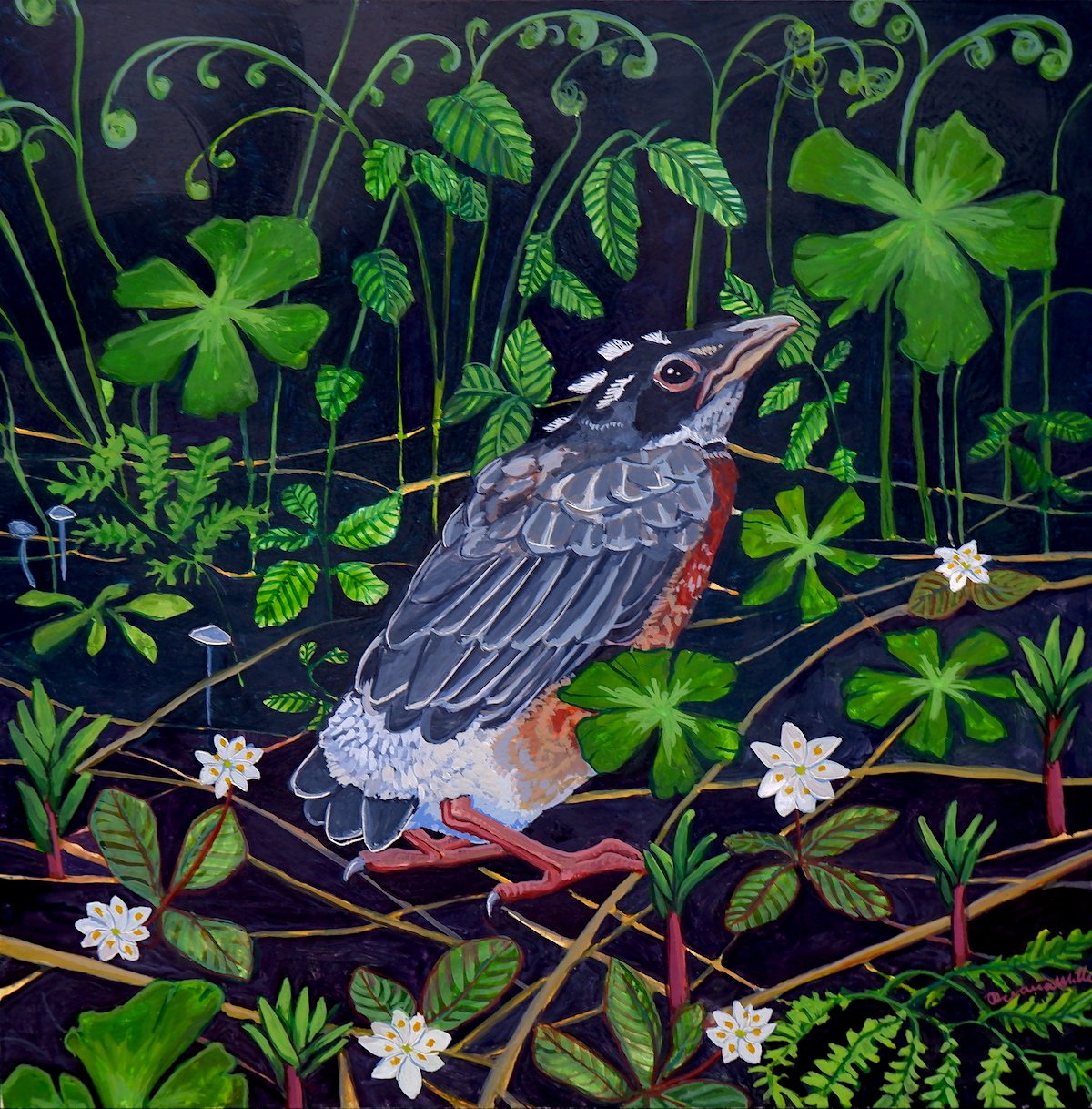 Fledgling, 10x10, gouache on claybord, 2023