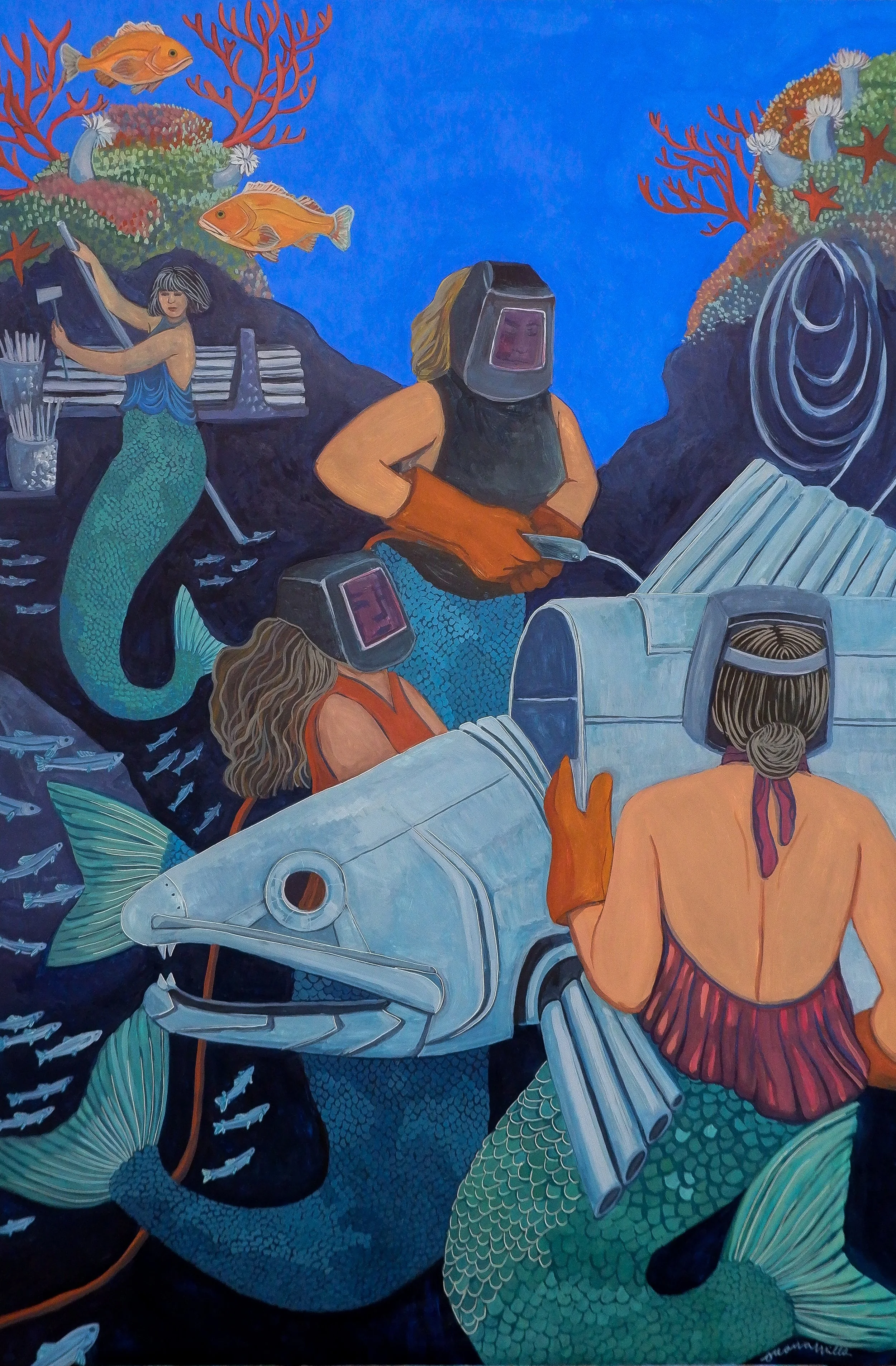 Welding Shop Under the sea, 24x36, gouache on claybord panel