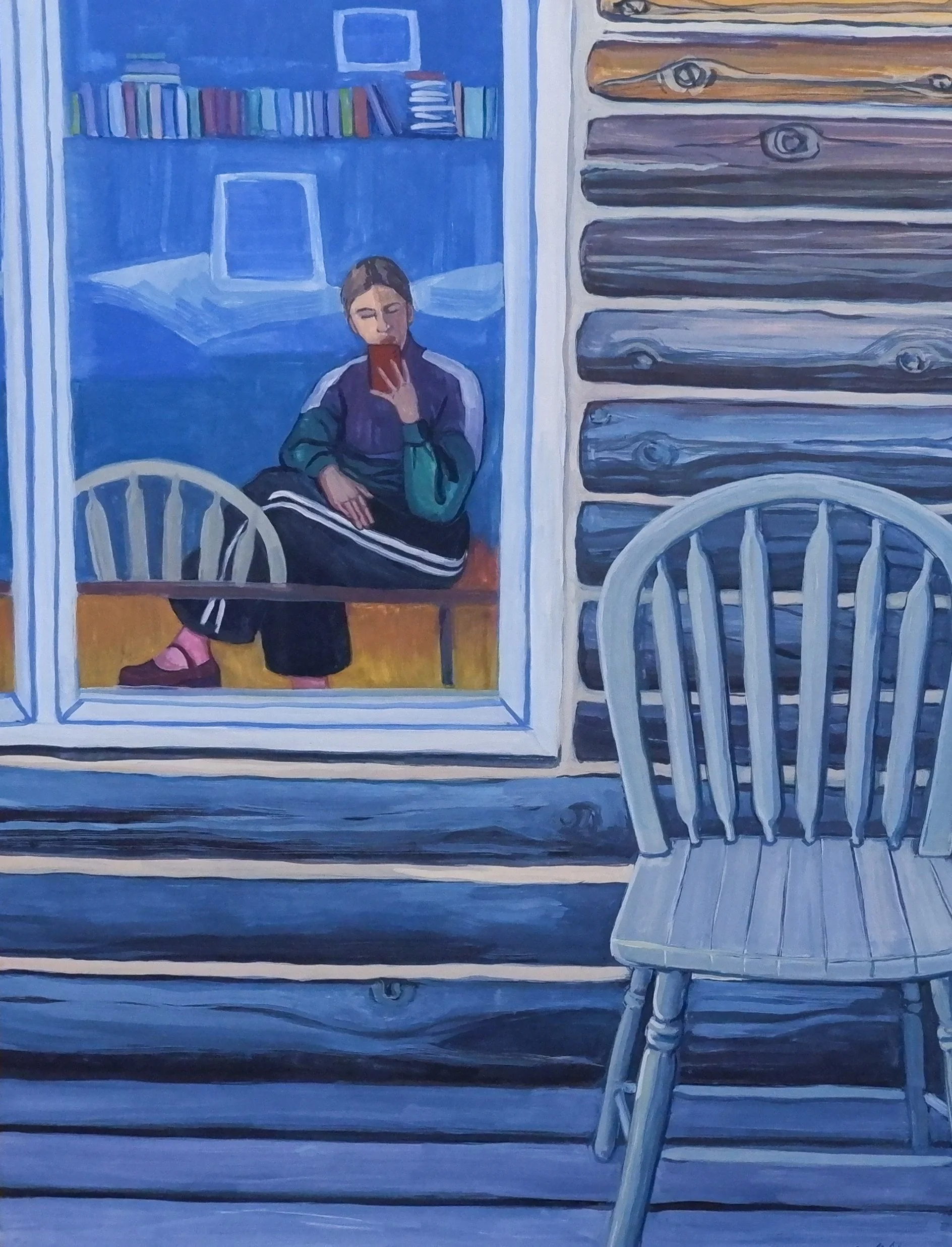 Self reflection with chairs, 11x14, gouache on claybord panel