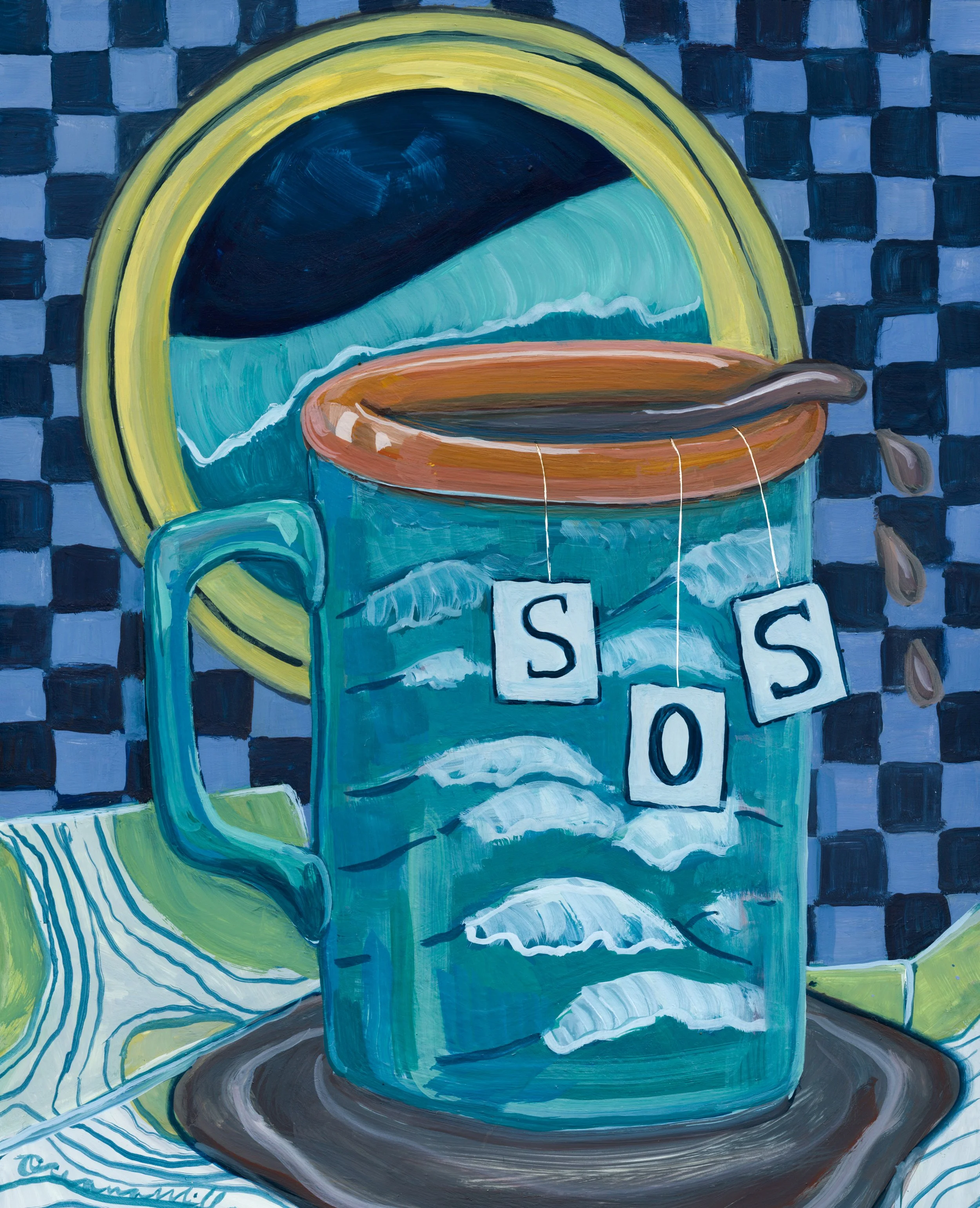 SOS mug, 8x10, gouache on claybord panel