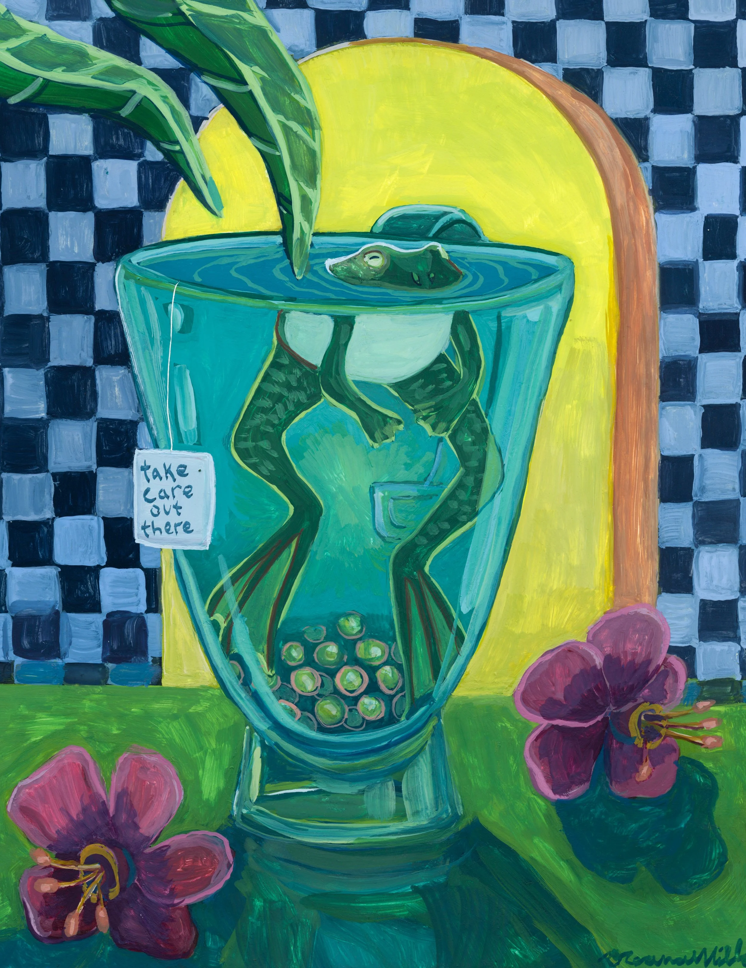 Take Care out there mug, 8x10, gouache on claybord panel