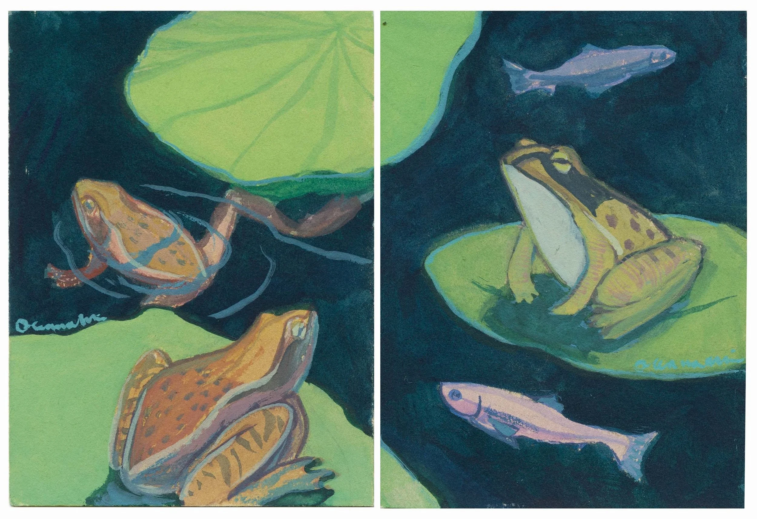 Frog Diptych, 5x3.25, gouache on paper