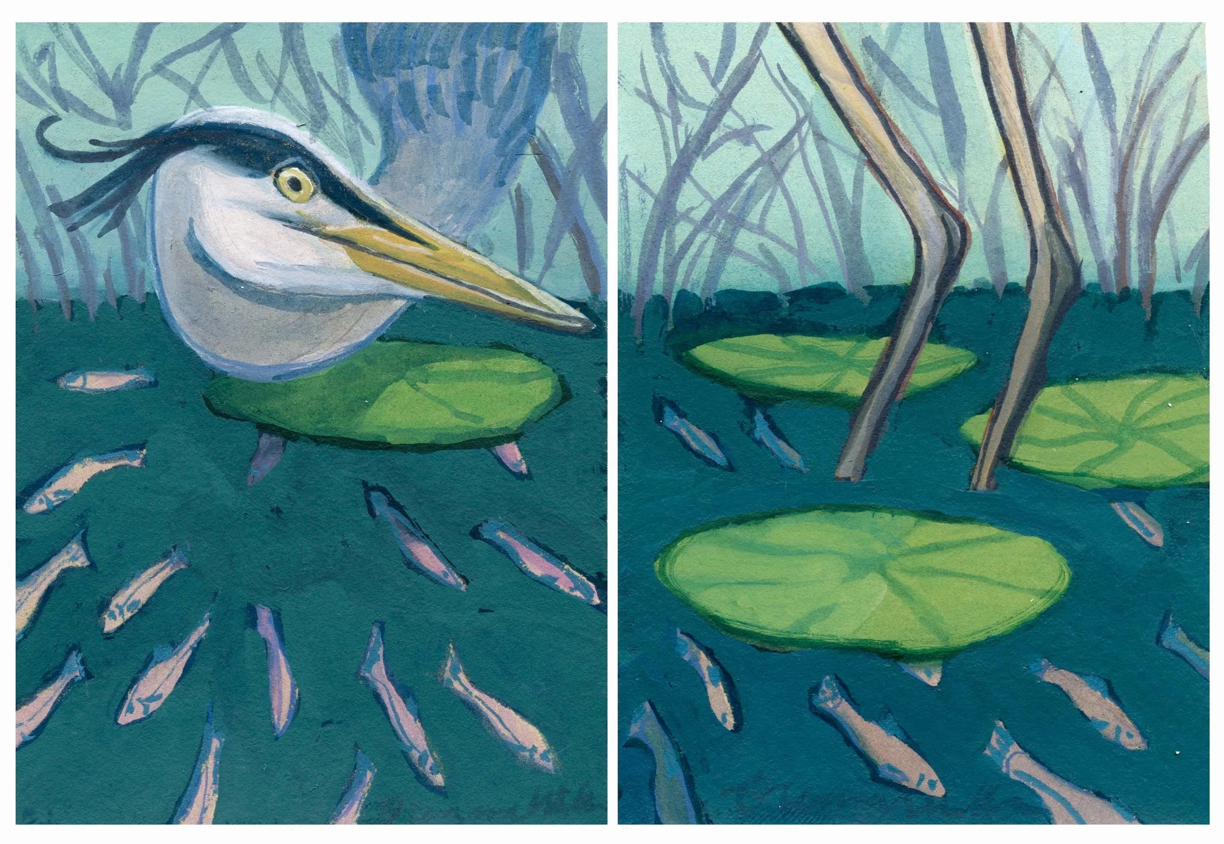 Heron Diptych, 5x3.25, gouache on paper
