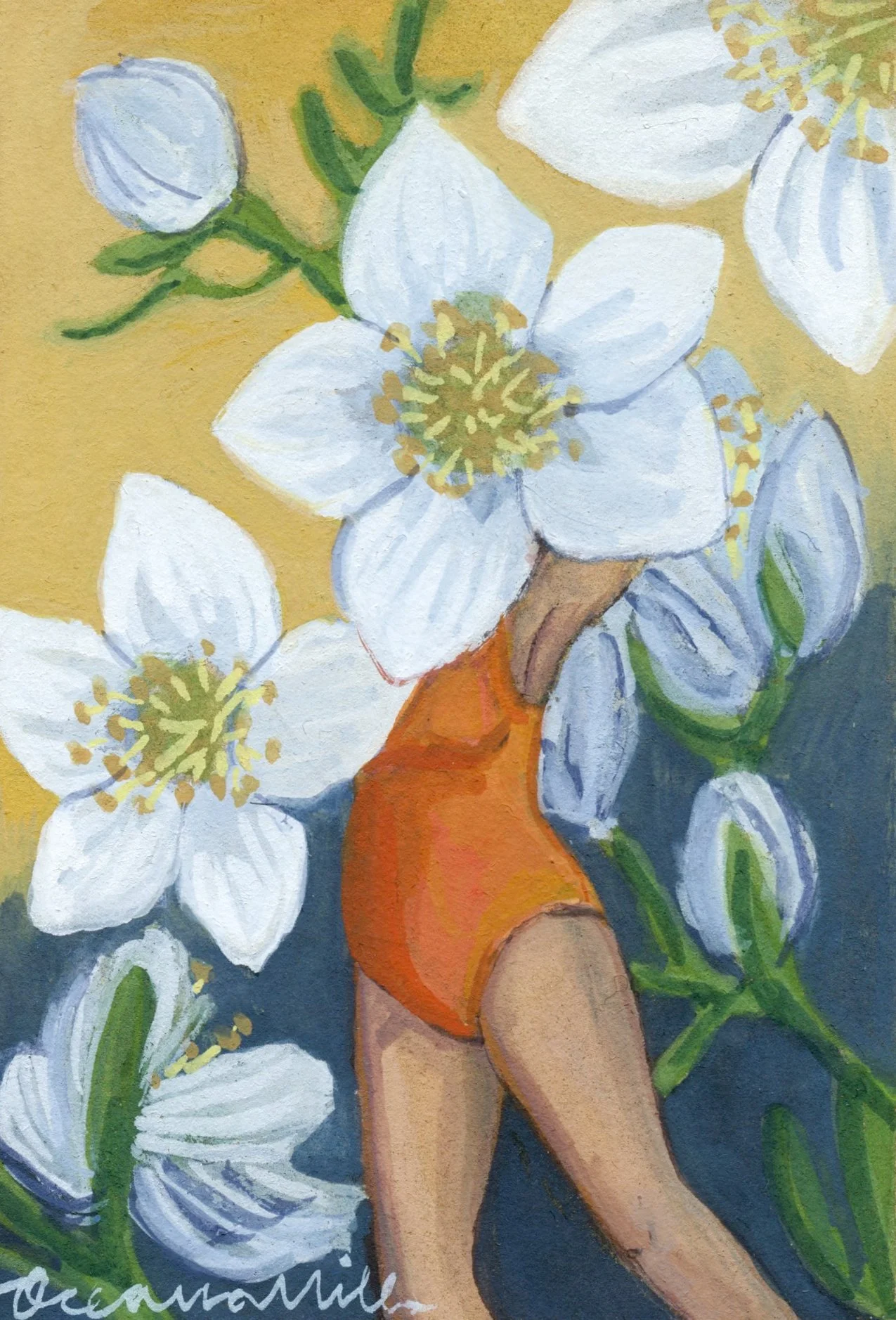 The Dayglo Orange Swimsuit: Cliffrose, 2.5x3.5, gouache on paper