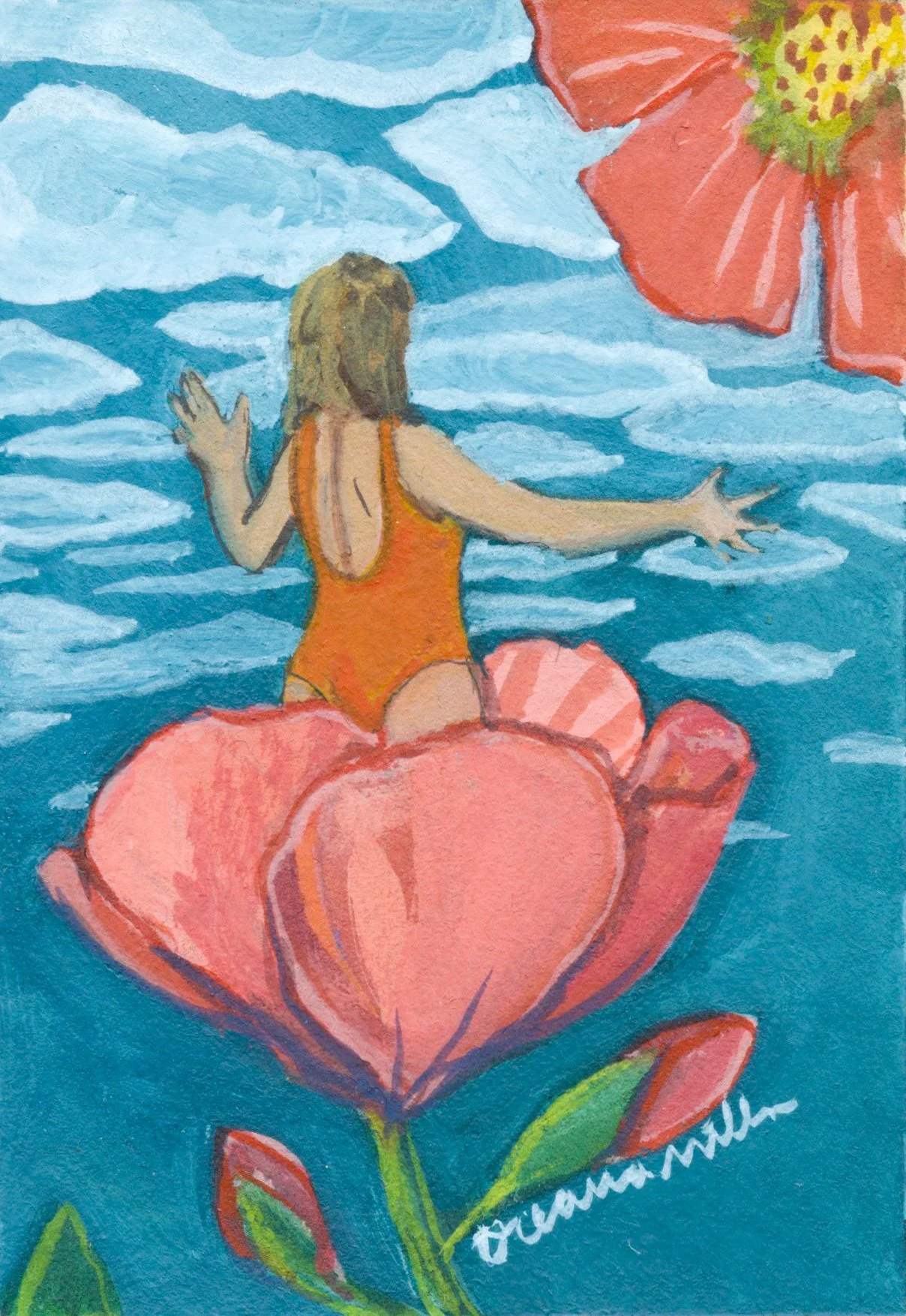 The Dayglo orange swimsuit: globemallow, 2x3, gouache on paper