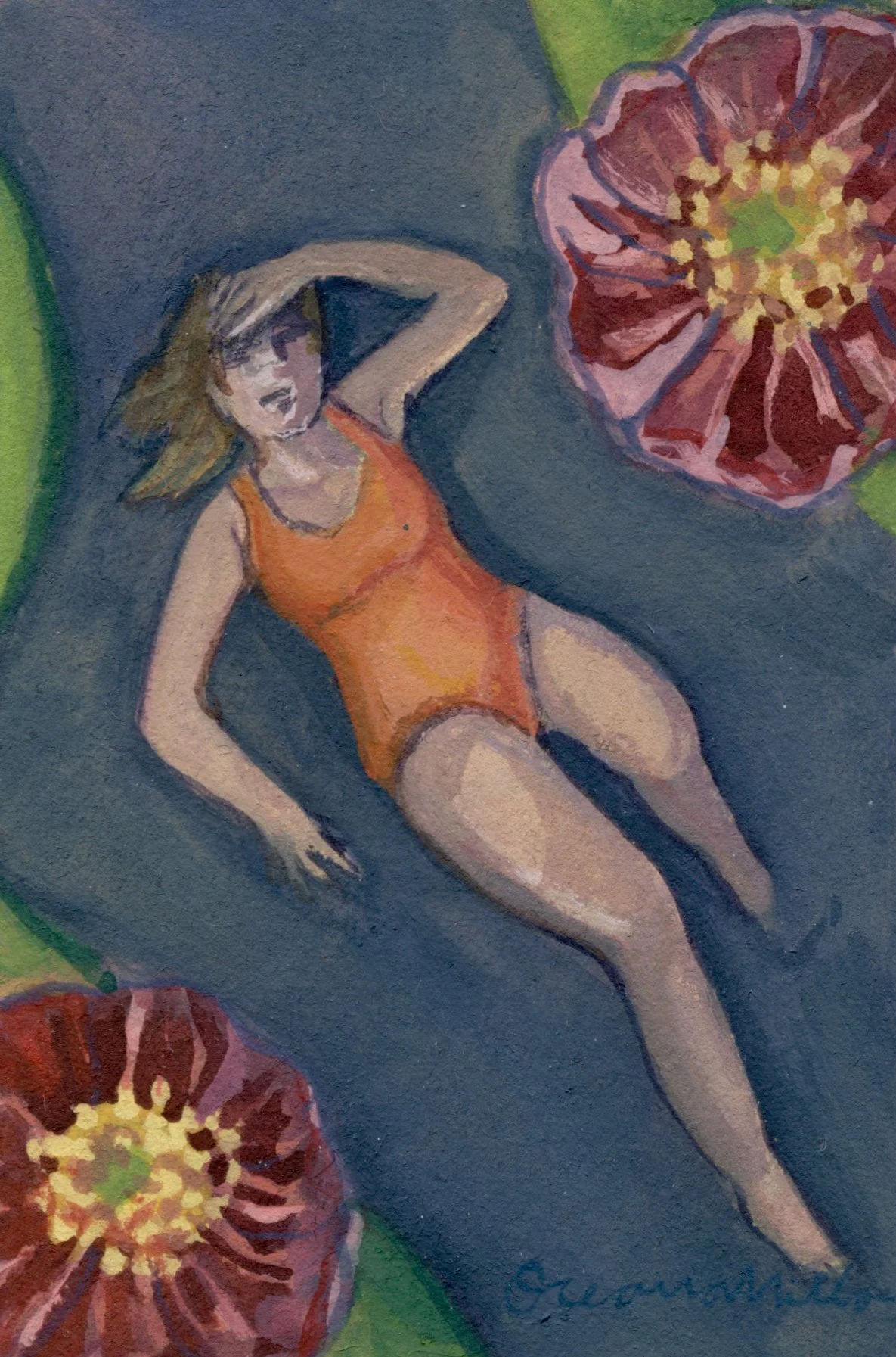 the dayglo orange swimsuit: prickly pear, 2x3, gouache on paper