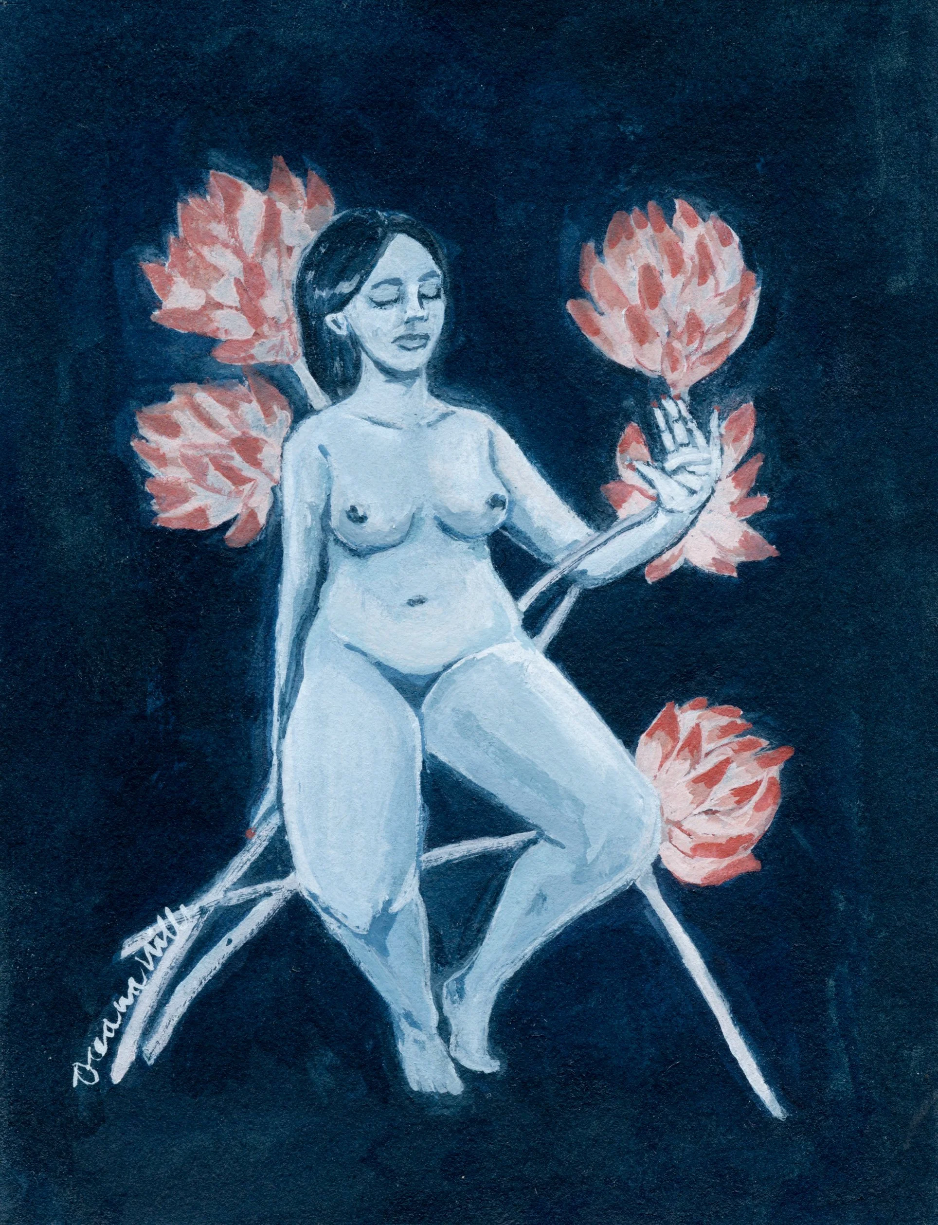 blue nude with clover, 3.25x4.25, gouache on paper