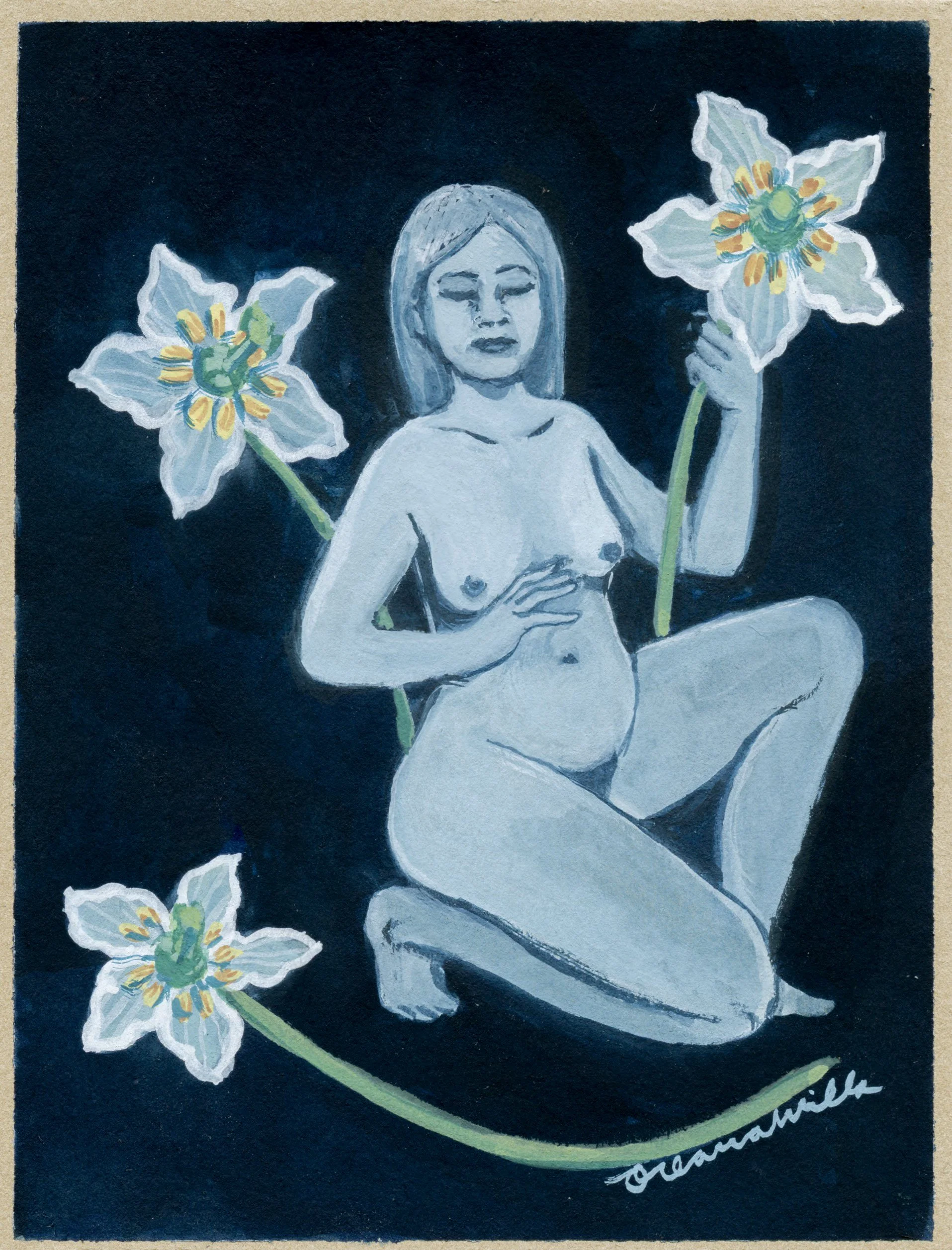 Blue Nude with one flowered wintergreen, 3.25x4.25, gouache on paper
