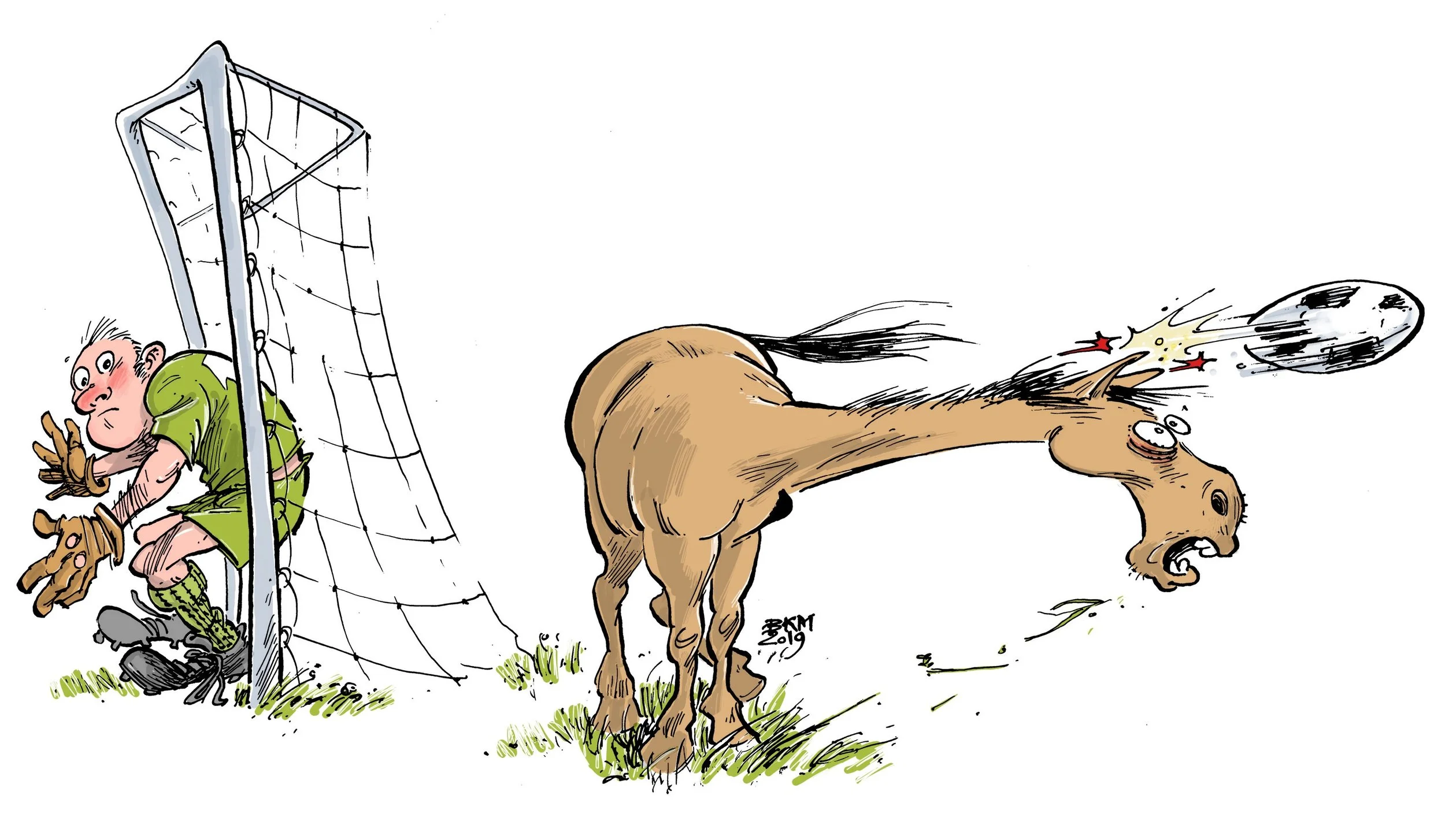 En uheldig hest som beita bak mål.