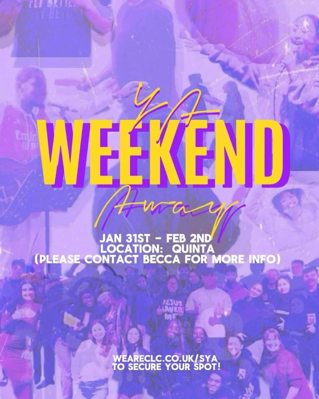 YA WEEKEND AWAY IS BACK!! 🥳🙌🕺Jan 31st - 2nd save the dates and head to weareclc.co.uk/sya to secure your spot! Looking forward seeing you guys there. 

First deposit of &pound;20 needs to be paid by end of November or pay in full all Via the link 
