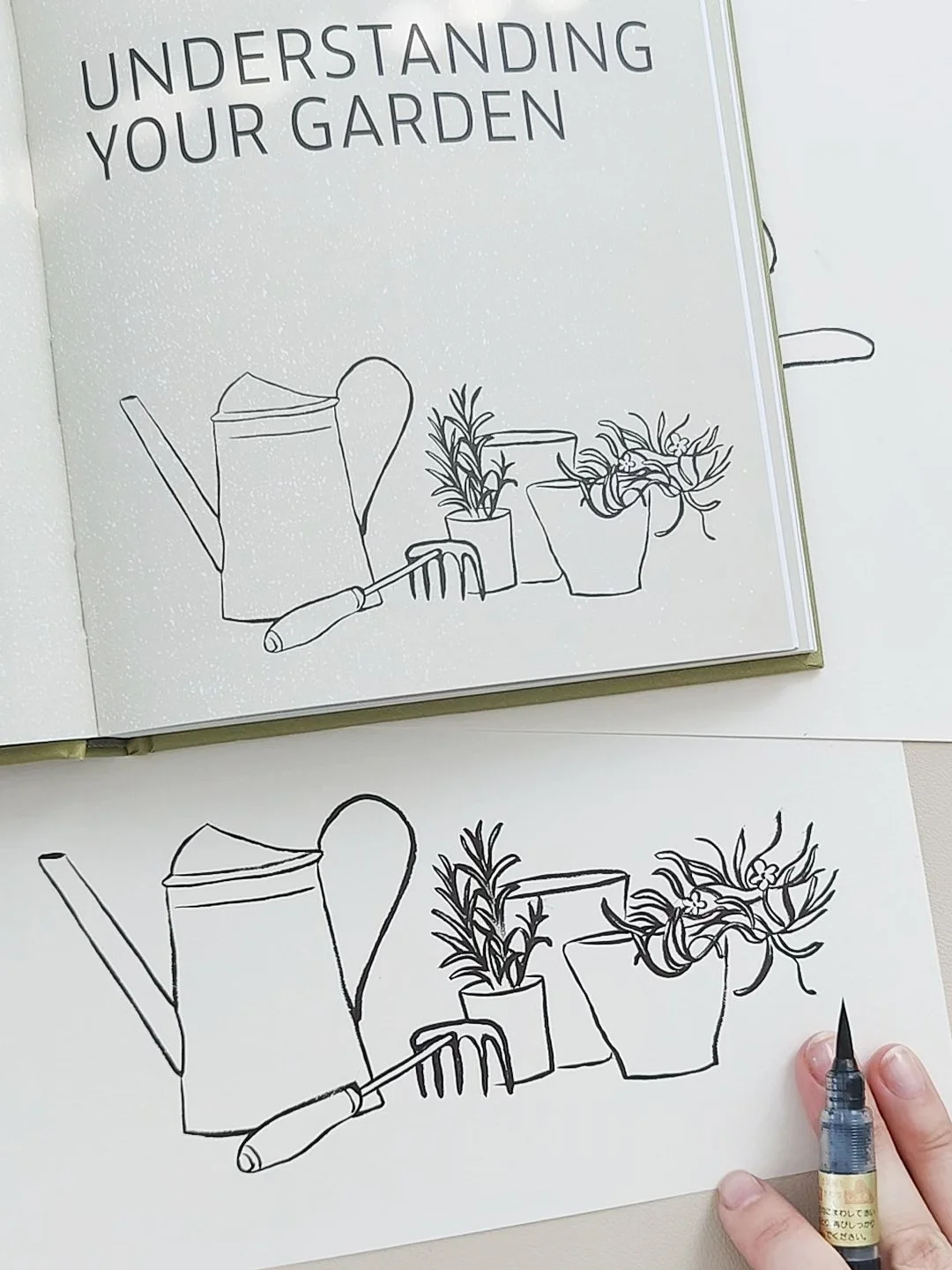 Expressive black ink gardening illustration designed for editorial chapter layout in Kew Answers publication