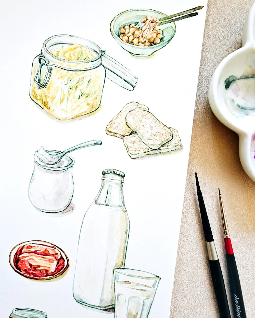 Hand-painted watercolor food artwork of Probiotic foods: kraut, yogurt, fermented soybeans