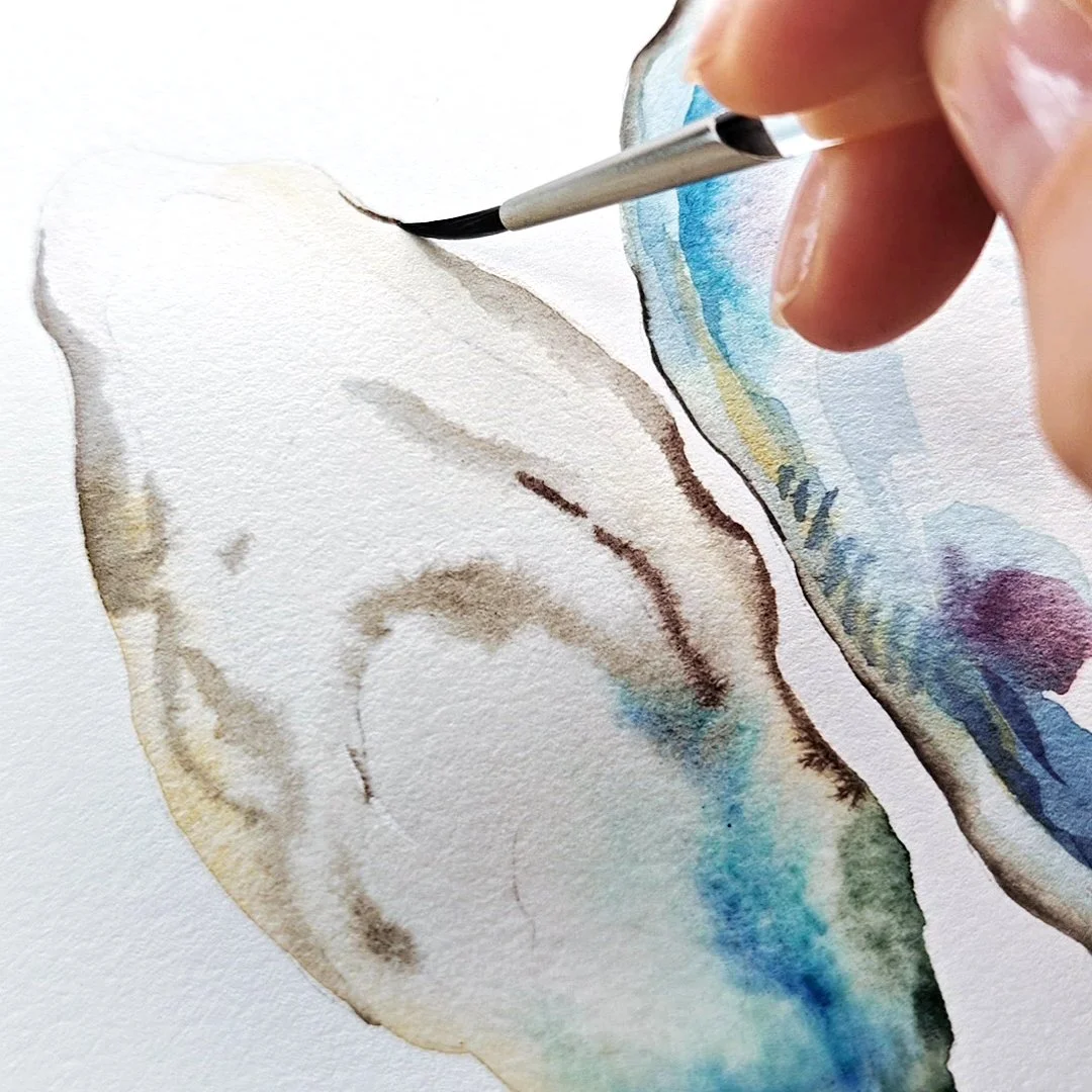 Behind-the-scenes view of hand-painted watercolor oyster shell illustrations in progress for a coastal spirits packaging design project