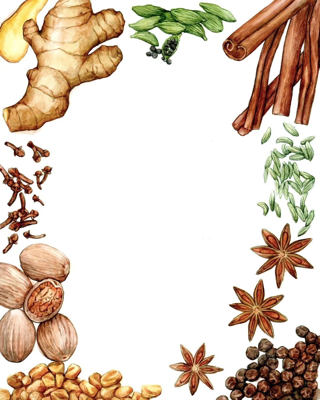 Hand-painted watercolor artwork of spices: Ginger, Clove, Pepper, Cinnamon, showing rich paint textures, arranged in a chapter opener layout