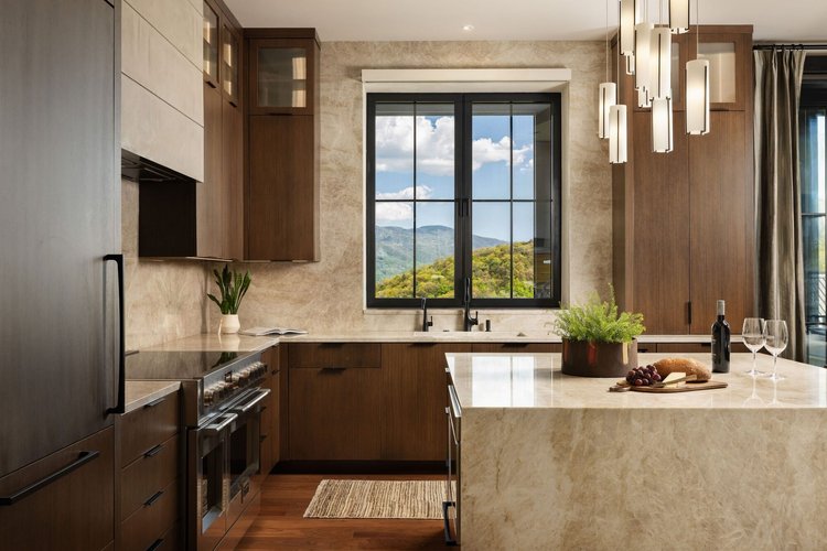 Kitchen of a custom home, interiors by Northside Interior Design (view 2).