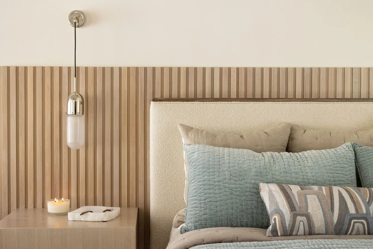 Primary bedroom detail of a custom home, interiors by Northside Interior Design.