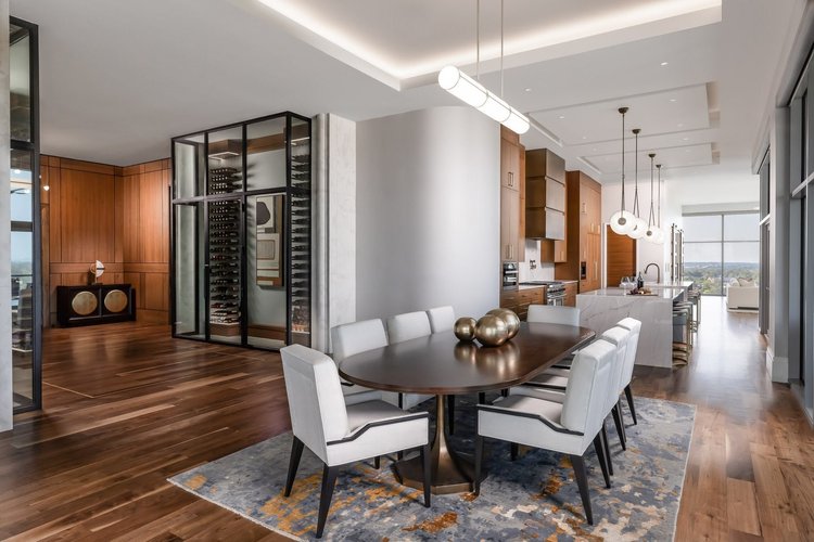 Dining room of a modern Upstate penthouse in the Upstate of South Carolina.