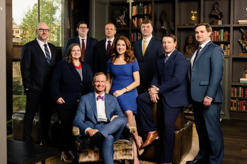 Clardy Law Firm attorneys posed together in their library office in Greenville, SC, law firm photography by Jack Robert Photo