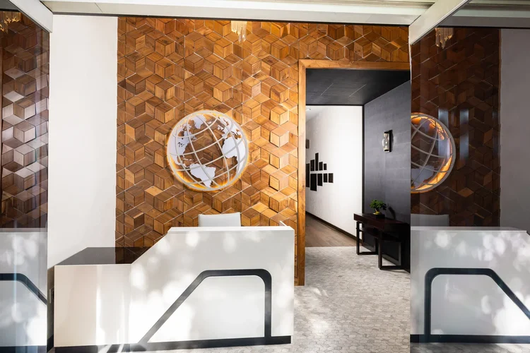 Interior of a front desk in a commercial hospitality space — hospitality architecture photography by Jack Robert.