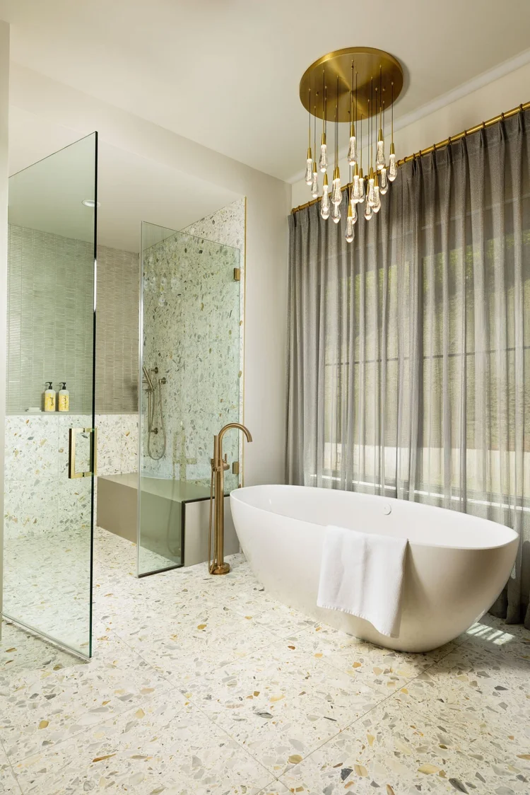 Primary bathroom of a custom home, interiors by Northside Interior Design (view 2).