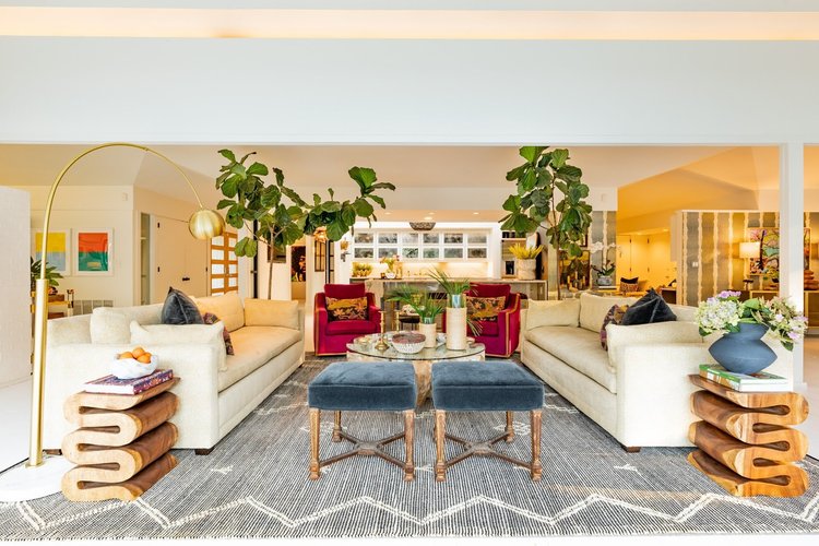 Living room of a mid-century modern custom home in Greenville, SC, interiors by Diggs Design.