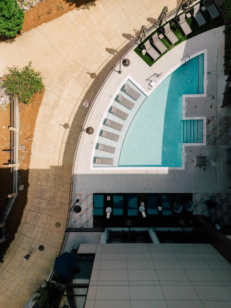 Aerial view of Hotel Indigo in Columbus, GA — hospitality architecture photography by Jack Robert.