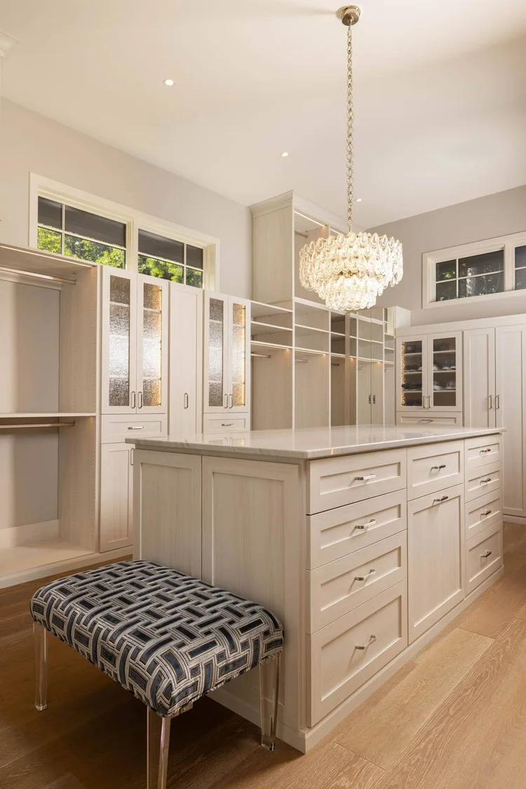 Primary closet of a custom home, built by Gabriel Builders.