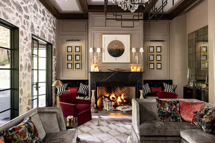 Living room of a custom home, interiors by Villa Verona Design.