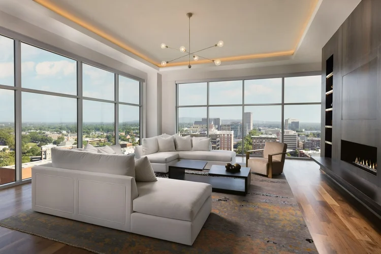 Living room of a modern Upstate penthouse in the Upstate of South Carolina (view 2).