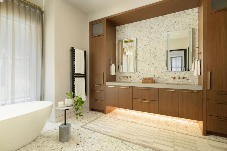 Primary bathroom of a custom home, interiors by Northside Interior Design (view 3).