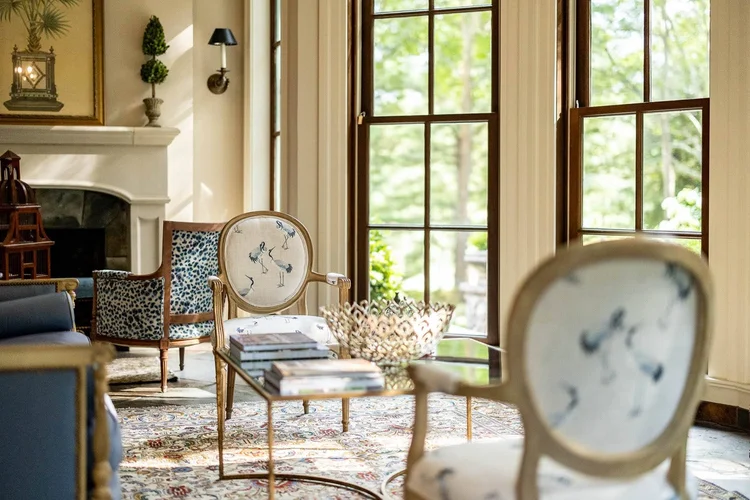 Sitting room detail of a French château estate in Chanticleer, Greenville, SC.