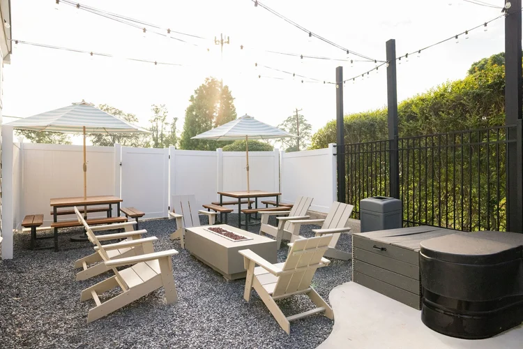 Interior of a fire-pit lounge in a commercial hospitality space — hospitality architecture photography by Jack Robert.