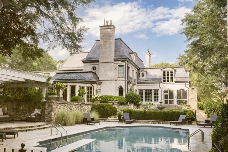 Exterior of a French château estate in Chanticleer, Greenville, SC.