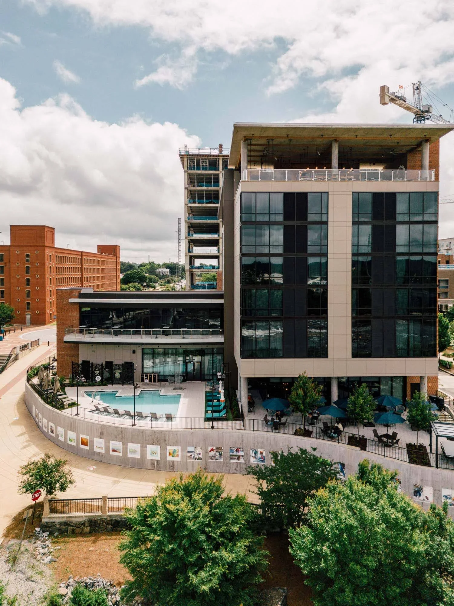 Aerial drone view of Hotel Indigo in Columbus, GA — hospitality aerial photography by Jack Robert Photo