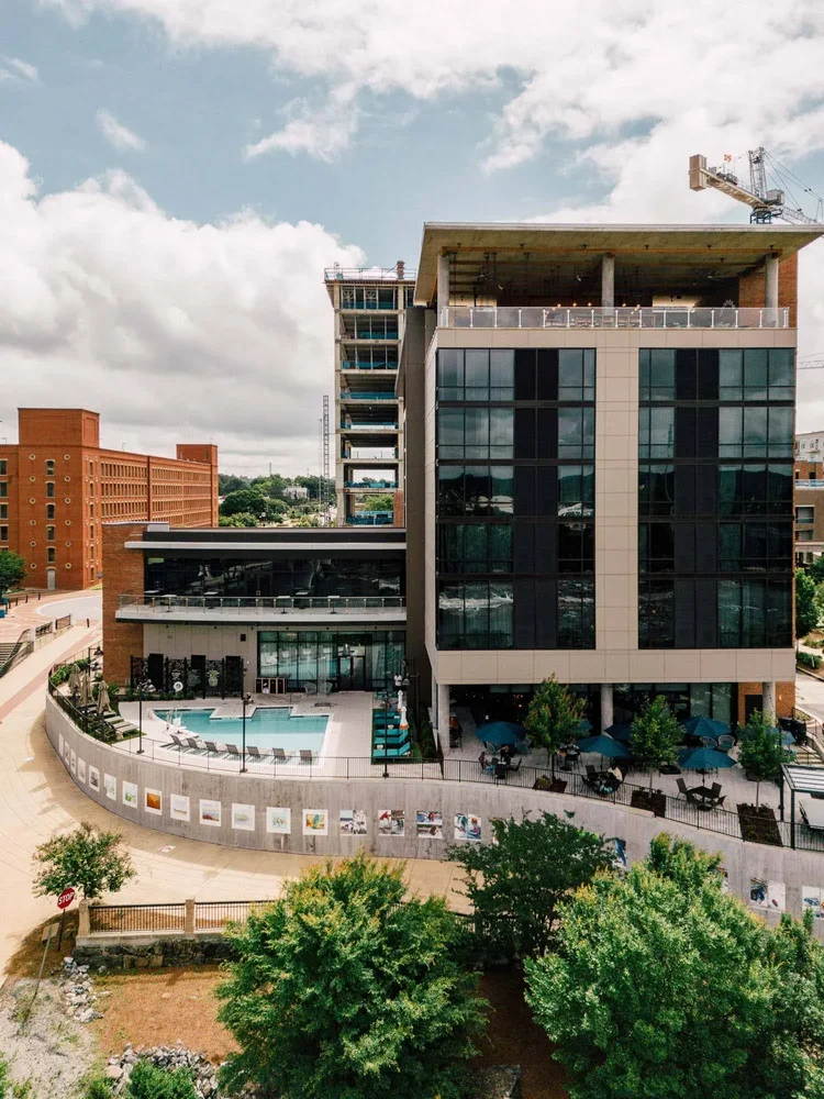 Aerial view of Hotel Indigo in Columbus, GA — hospitality architecture photography by Jack Robert.