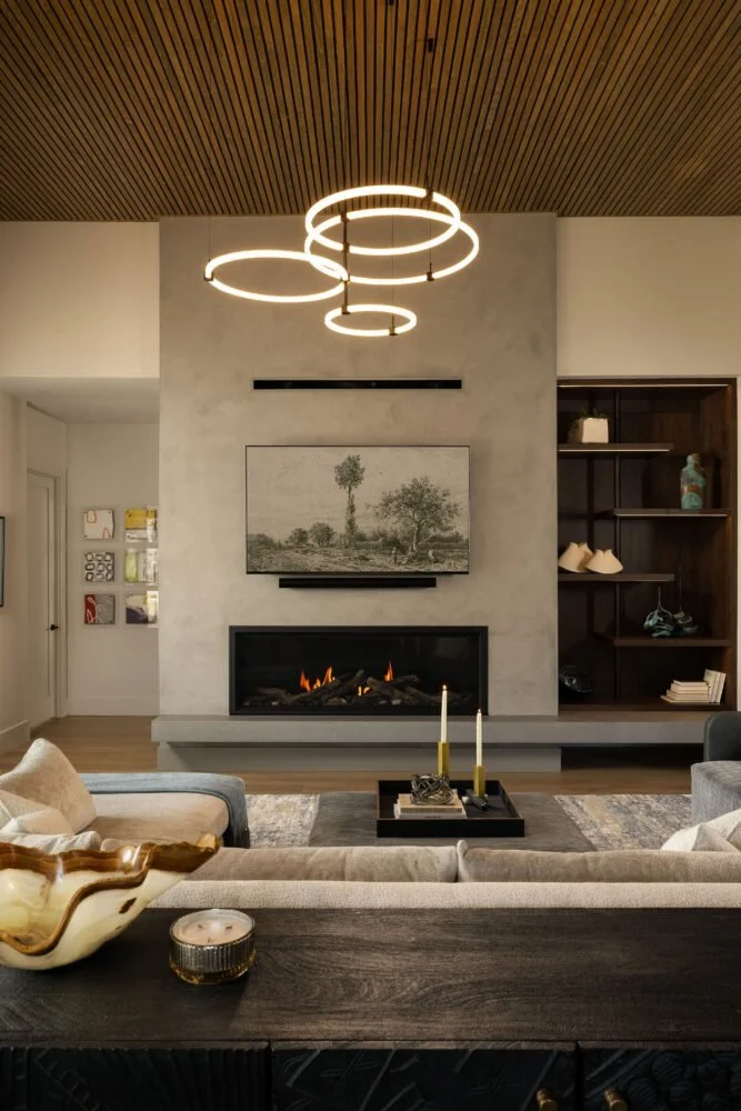 Living room of a custom home, interiors by Northside Interior Design (view 2).