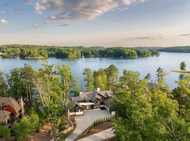 Aerial view of a custom home exterior.