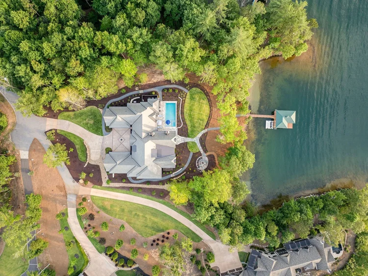 Aerial view of a custom home exterior, built by Gabriel Builders (view 4).