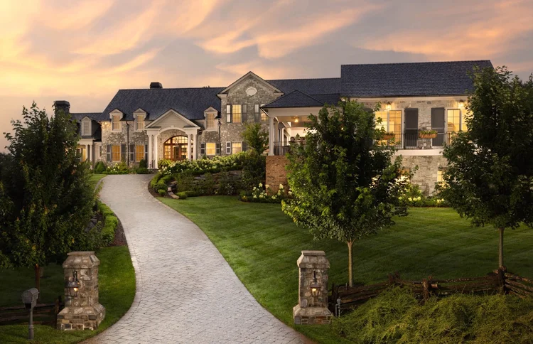 Twilight exterior of the Walnut Valley, built by Gabriel Builders.