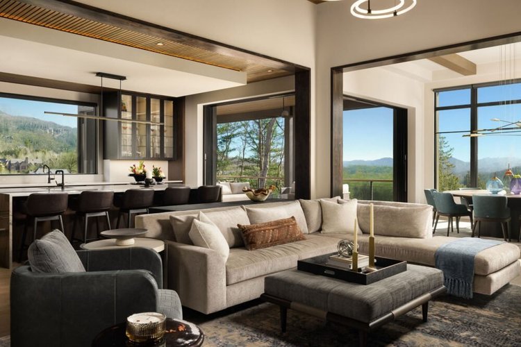 Living room of a custom home, interiors by Northside Interior Design.