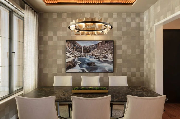 Dining room of a custom home, interiors by Northside Interior Design.