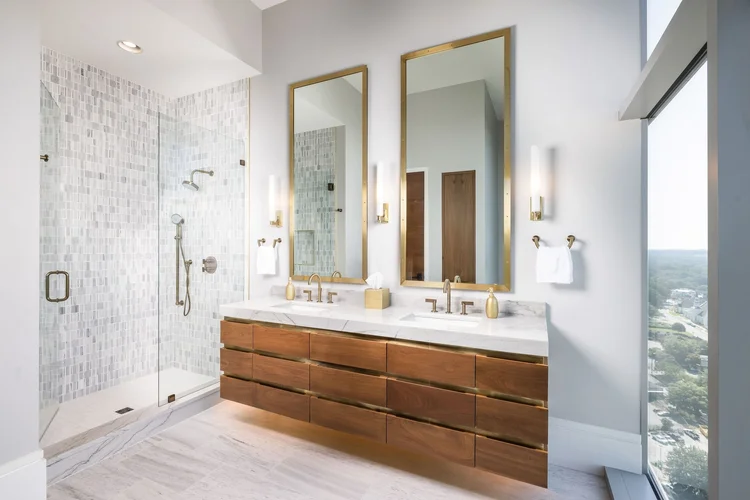 Primary bathroom of a modern Upstate penthouse in the Upstate of South Carolina.