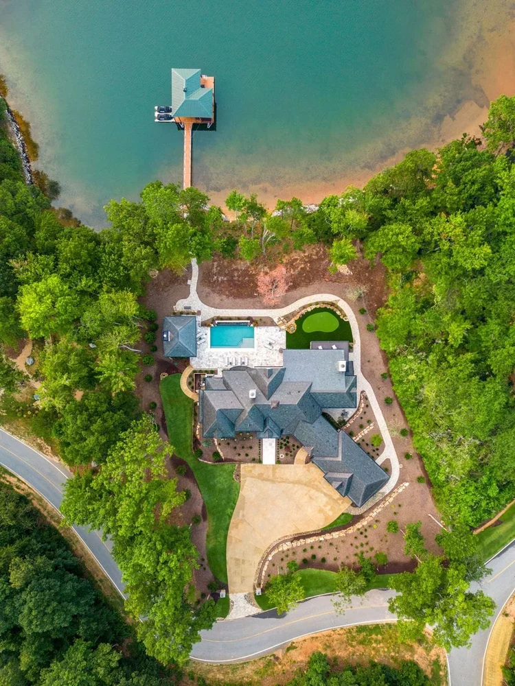 Aerial view of a custom home exterior, built by Gabriel Builders (view 2).