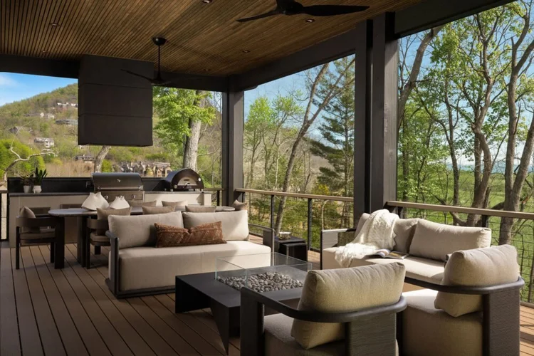 Porch of a custom home, interiors by Northside Interior Design.
