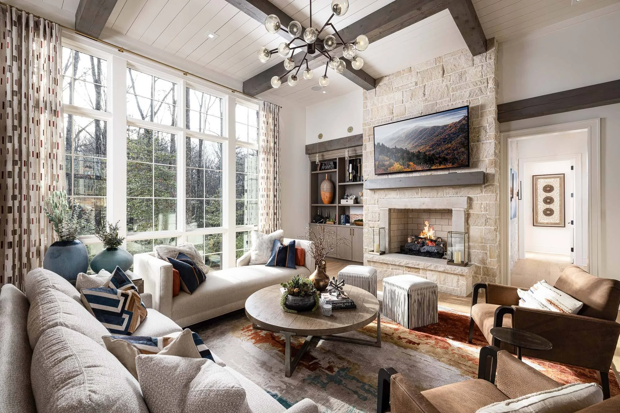 Architectural photo showcasing beautifully lit luxurious living room